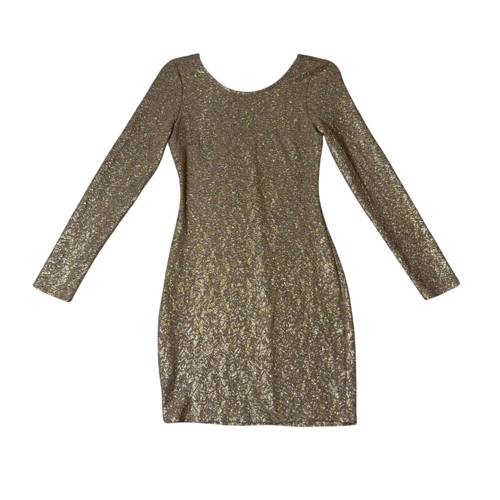 Rhapsody Womens Gold Metallic Glitter Long Sleeve Bodycon Mini Dress Size S